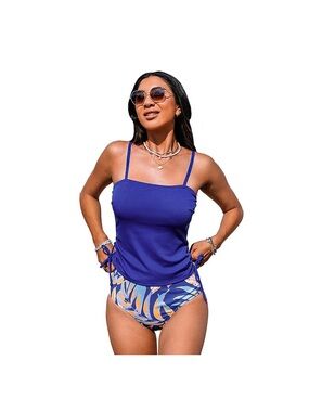 Cupshe Blue Leaf-Print Tankini Swimsuit